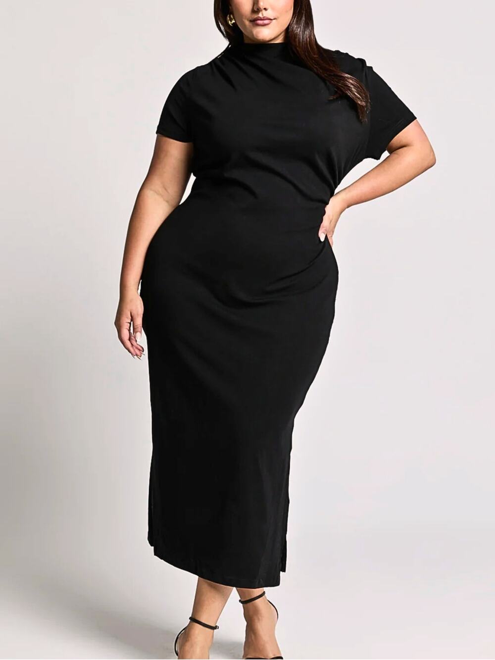 Showpo Black Midi Dress Size 10 Stretch Jersey Zayna Short Sleeve Casual Cotton
